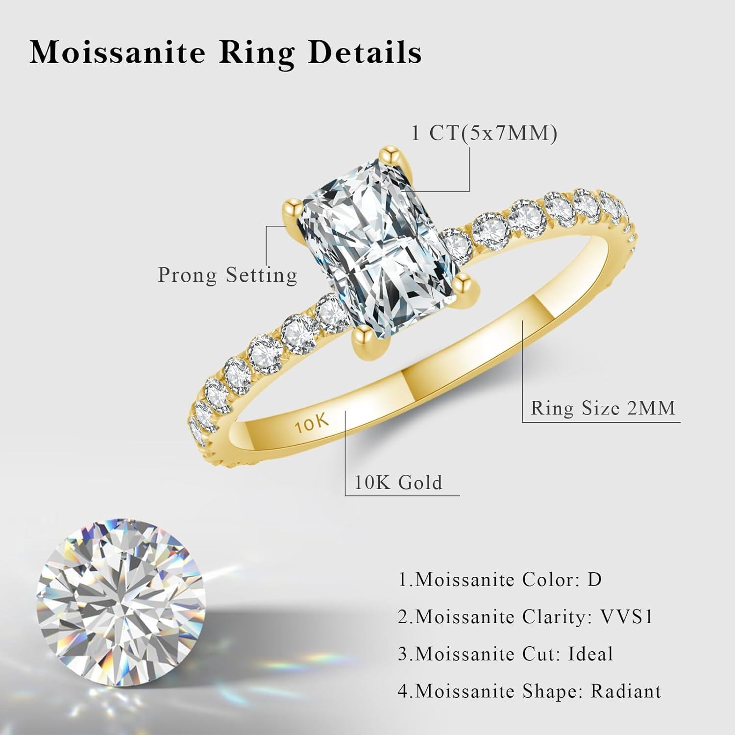 10K Gold Moissanite 1ct Radiant Cut Women s Engagement Wedding Anniversary Ring-0-4