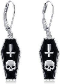 wholesale 925 Sterling Silver Black Enamel Skull Coffin Gothic Drop Earrings for Women Halloween s-Coffin