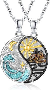 wholesale 925 Sterling Silver Yin Yang Pendant Necklaces with Turquoise and Jasper Inlay for Couples or Best Friends Forever (BFF)-08- Gemstone(Turquoise + Tiger Eye stone)