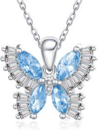 wholesale 925 Sterling Silver Birthstone Butterfly Necklace for Women-03-Mar-Aquamarine Blue