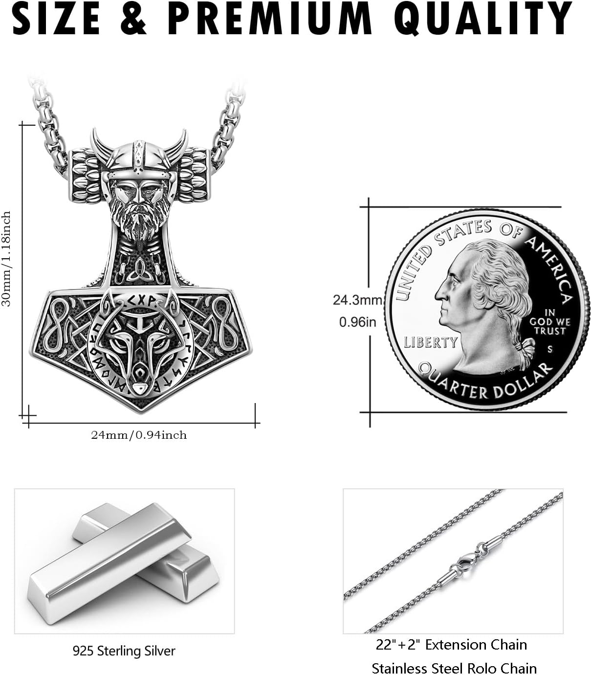 wholesale Stainless Steel Viking Wolf Head Thors Hammer Pendant Norse Jewelry with Stainless Steel Chain-0-3