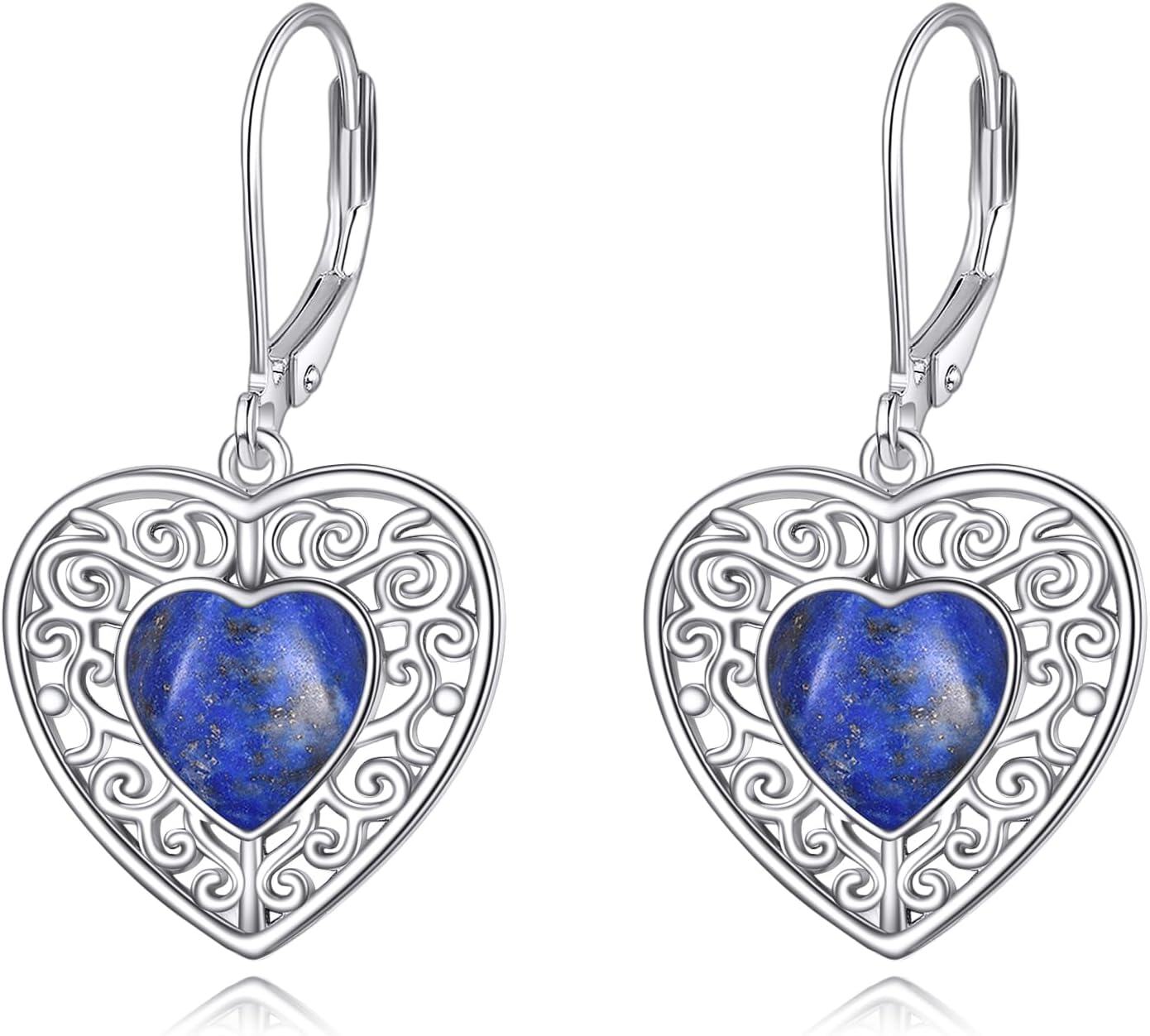 Sterling Silver Onyx Peridot Pink Moss Agate Turquoise Lapis Lazuli Heart Earrings-0-1