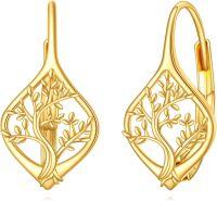 wholesale 14K Yellow Gold Tree of Life Leverback Earrings for Women Solid Gold Jewelry Gift-Tree of Life
