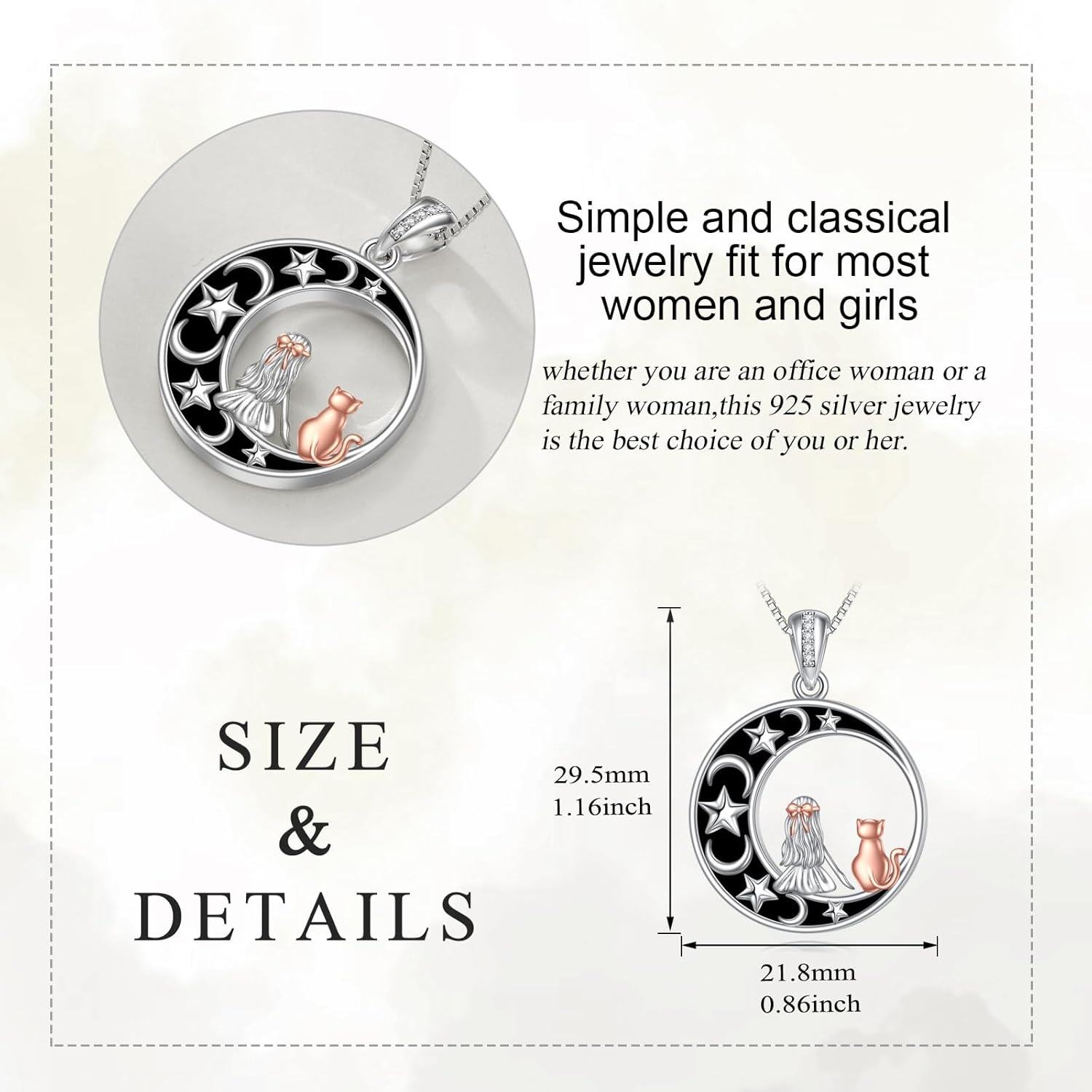 Sterling Silver Moon Star Necklace w Cat Wolf Fox Pendant Jewelry Gift-0-5
