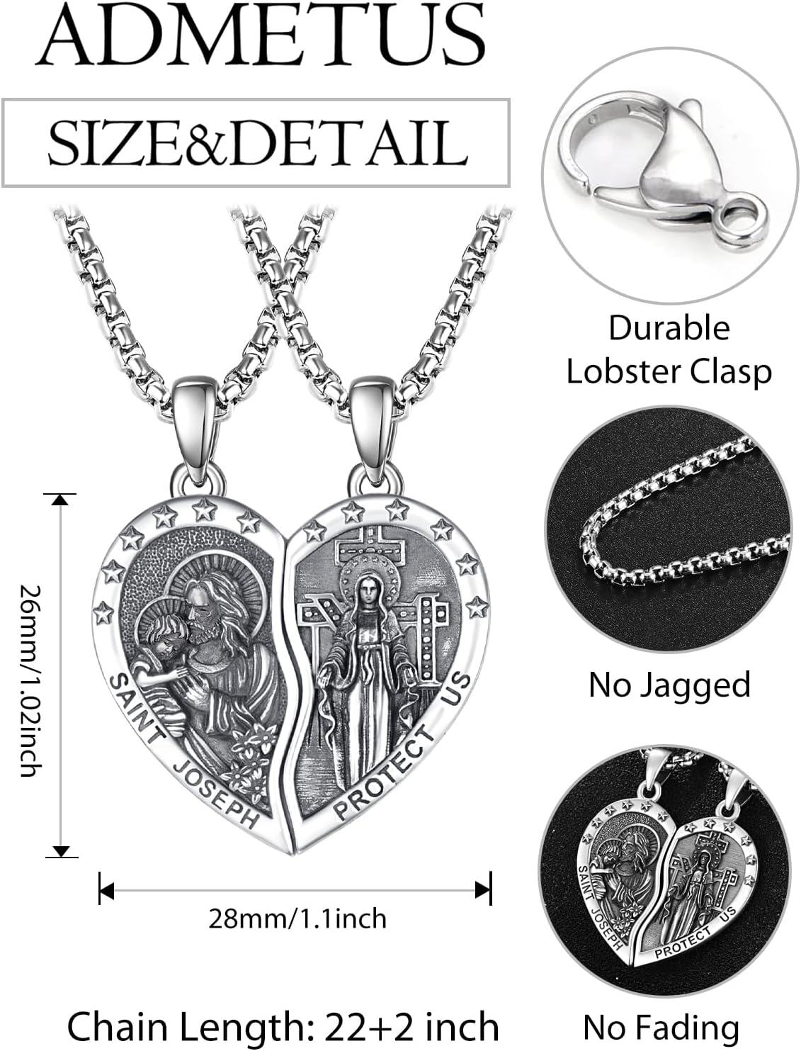 925 Sterling Silver Saint Joseph and Mary Couples Necklace Set Religious  for Men Women-0-1