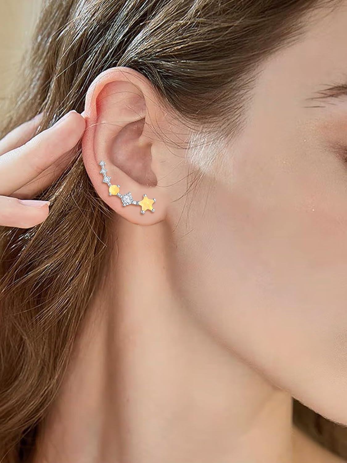 925 Sterling Silver Yellow Opal & CZ Star Ear Climber Earrings for Women - Bridal  Ideas-0-3