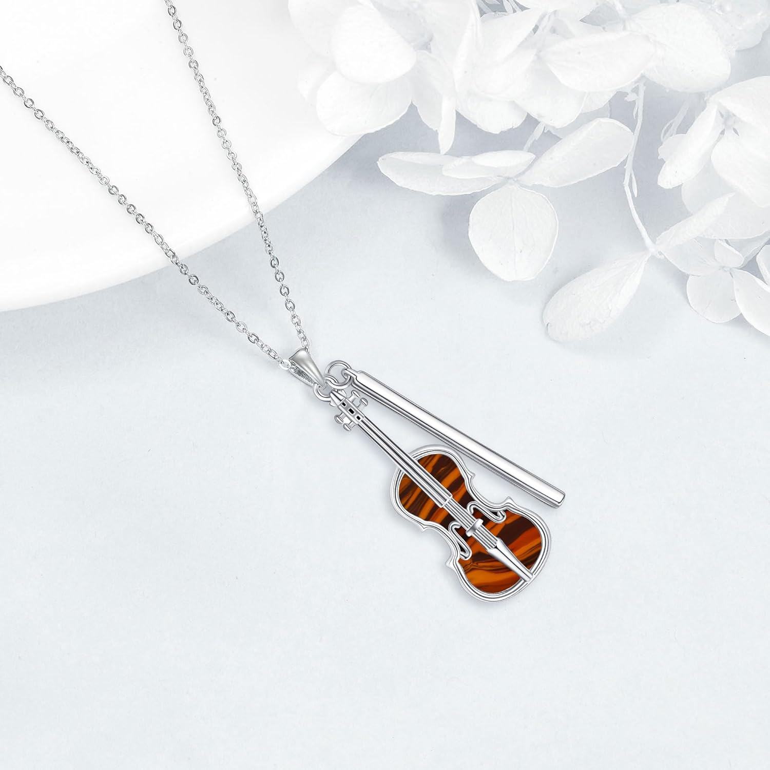 925 Sterling Silver Violin & Bow Musical Notes Pendant Necklace with Amber Stone for Women-0-3
