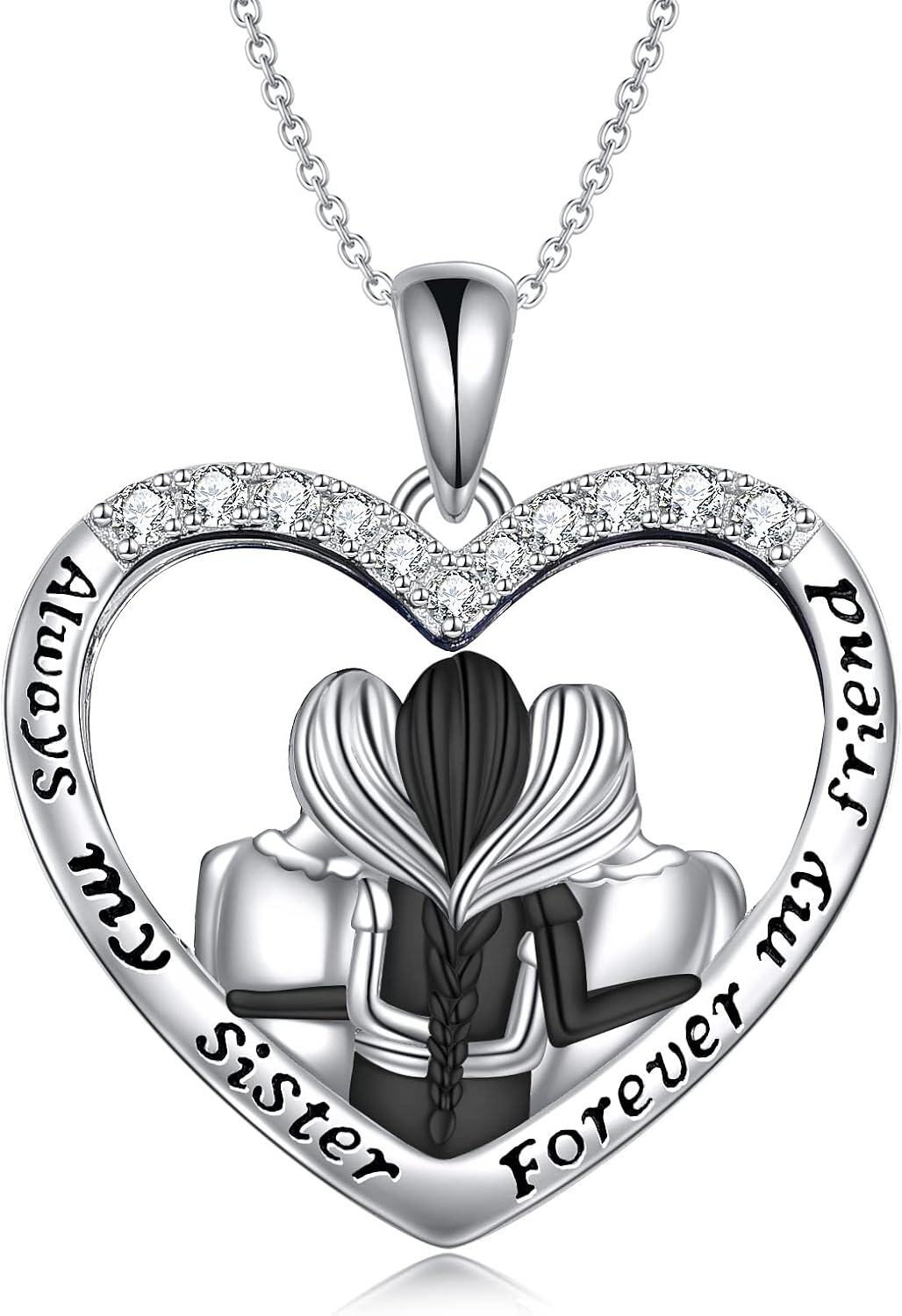 wholesale 925 Sterling Silver Heart-Shaped Pendant with CZ Crystals - Always My Sister Forever My Friend Necklace Gift for Sisters and Daughters-0-0