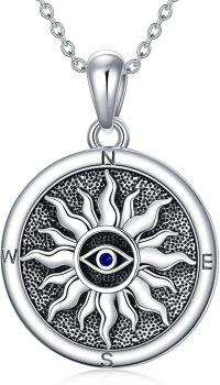 wholesale 925 Sterling Silver Evil Eye Compass Pendant Necklace with Blue Stone and Chain for Women Men  45cm Length-Compass Evil Eye Necklace