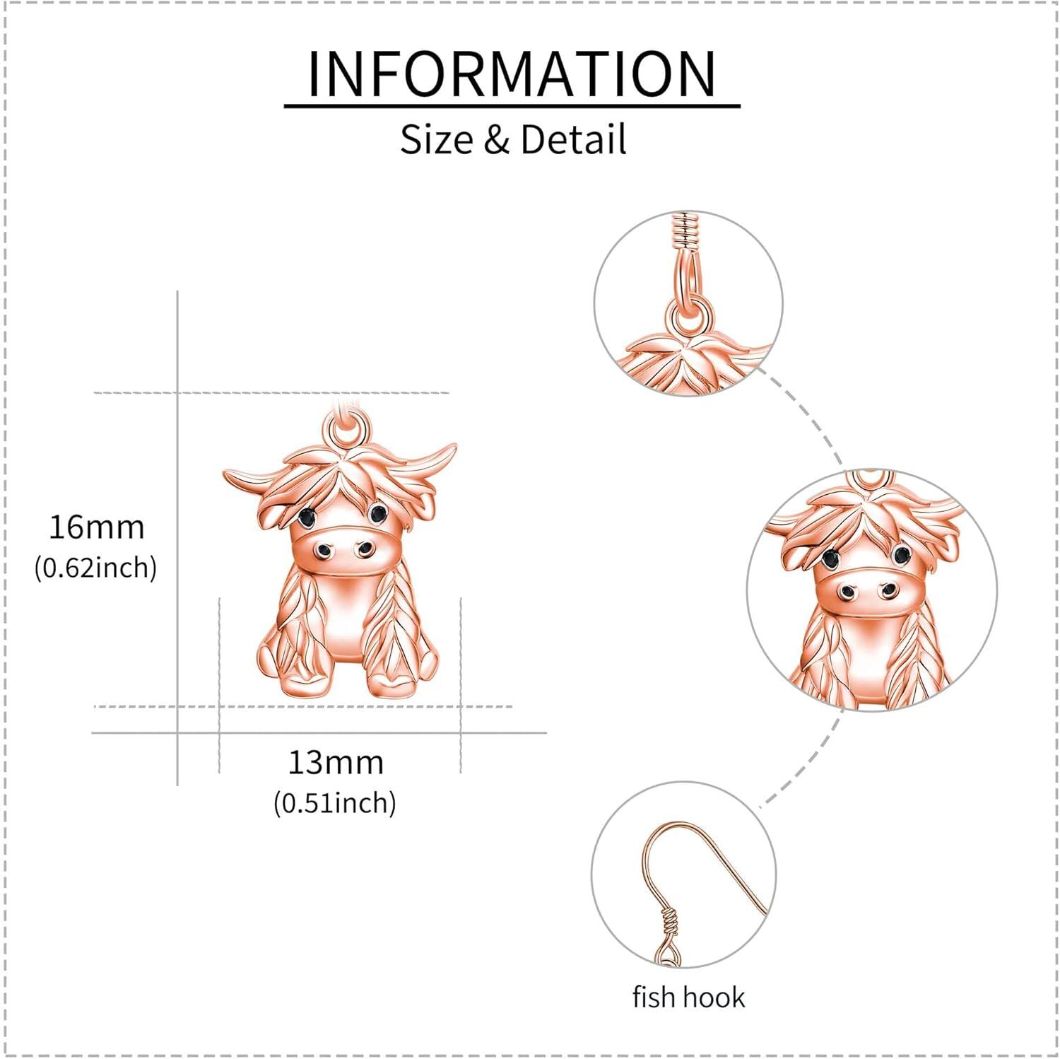 925 Sterling Silver Highland Cow Dangle Earrings with Rose Gold Plated and Natural Gemstone Accents-0-0