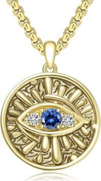 wholesale Gold 925 Sterling Silver Round Evil Eye Pendant with Sapphire and Cubic Zirconia on Gold Plated -A-Dark Blue Evil Eye Necklace