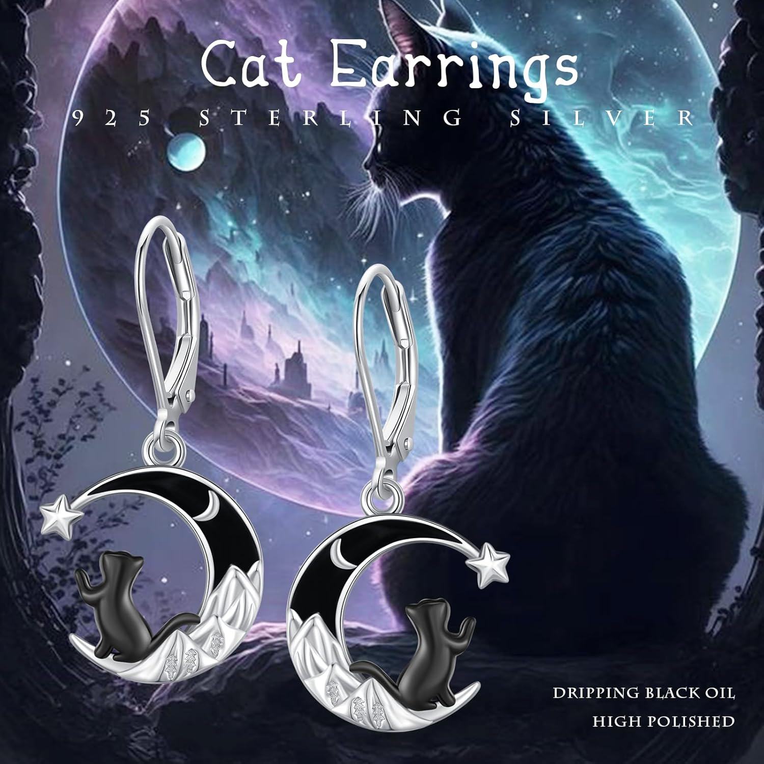 Sterling Silver Moon Black Cat Dangle Earrings for Women-0-3