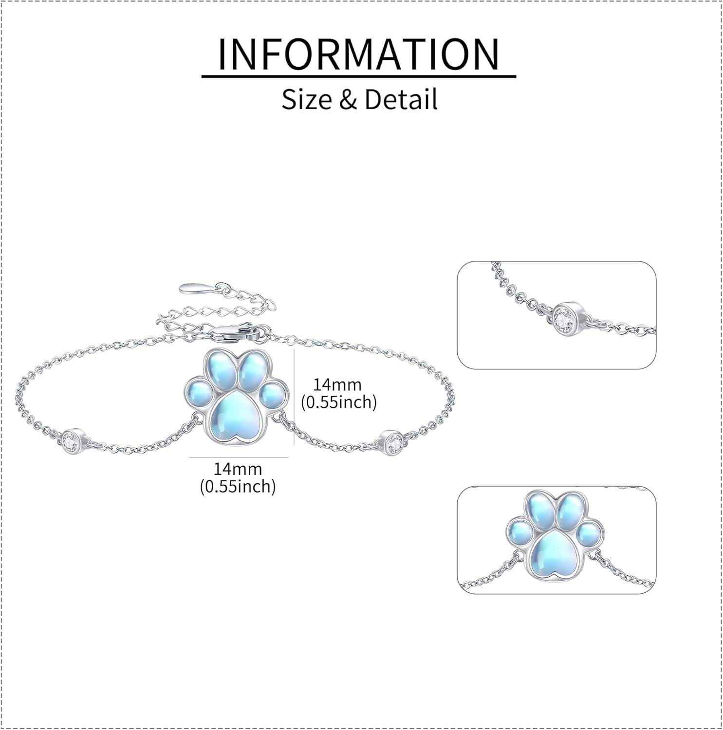 wholesale 925 Sterling Silver Moonstone Paw Print Adjustable Bracelet for Women Girls-0-4
