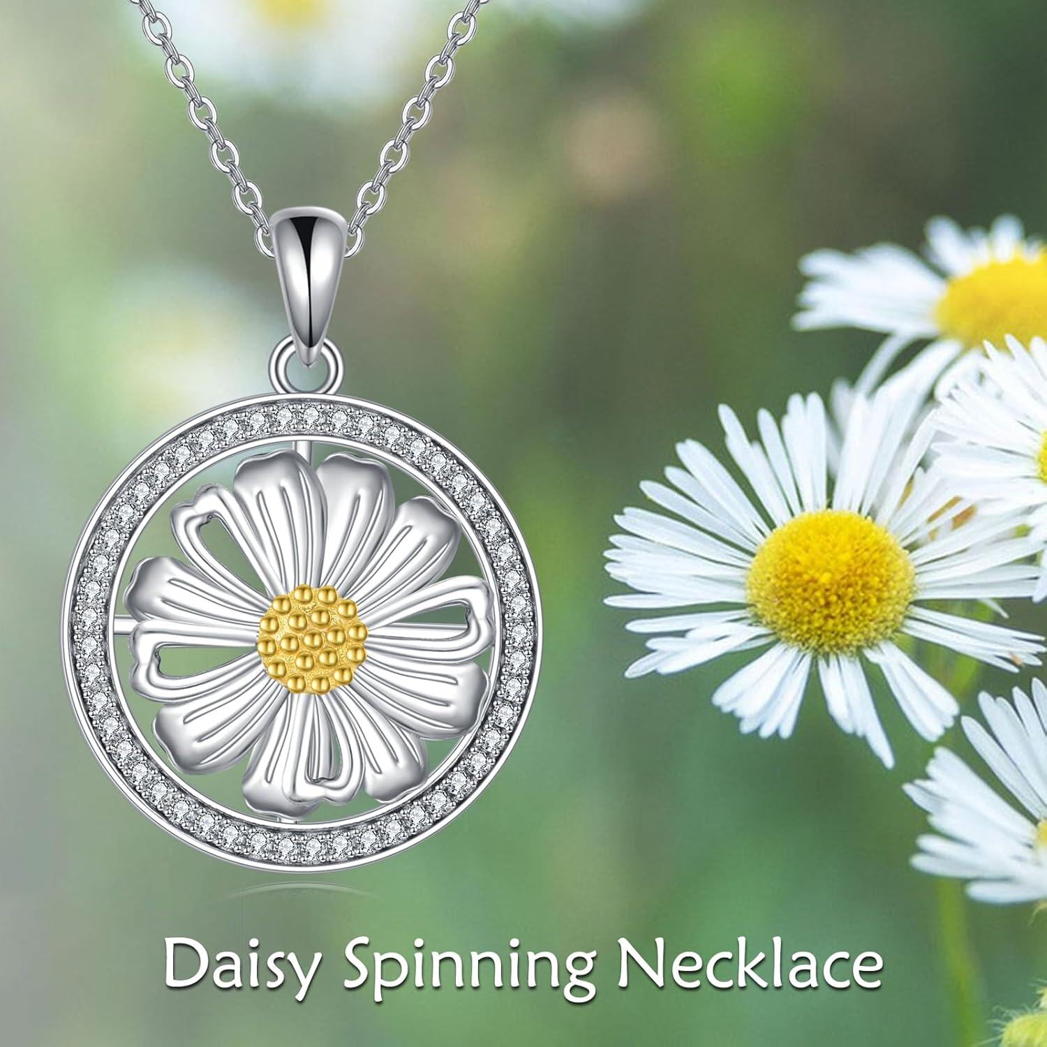 Sterling Silver Round Spinning Daisy Sunflower Pendant Necklace for Women-0-1