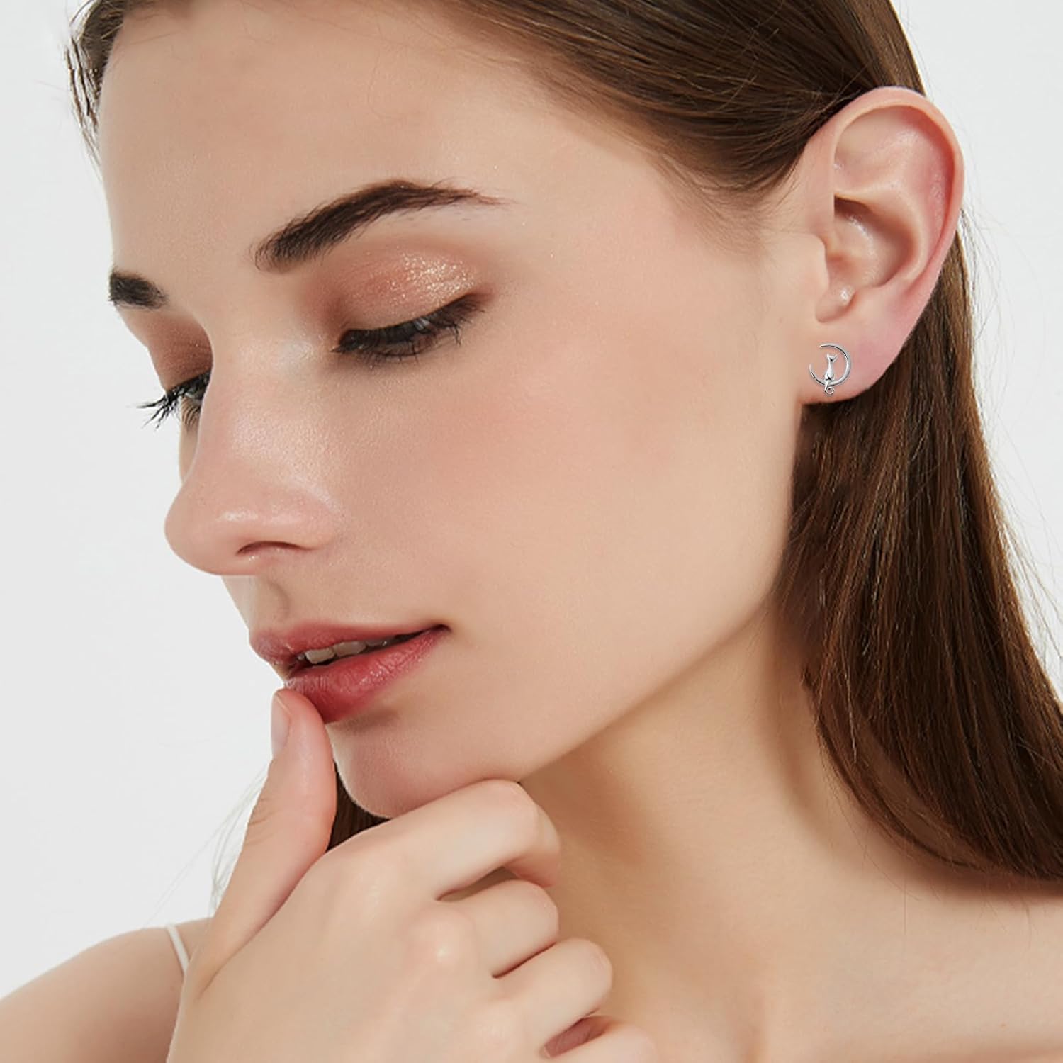 wholesale 925 Sterling Silver Cat and Crescent Moon Stud Earrings for Women-0-3