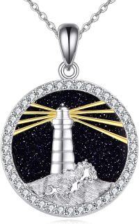 wholesale 925 Sterling Silver Round Lighthouse Pendant with Blue Glitter Stone and Gold Accents for Women's Necklaces Gifts-Lighthouse 1