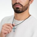 wholesale 925 Sterling Silver Mens Black Agate Cross Necklace with Brown Stone Pendants-0-7