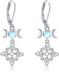 wholesale 925 Sterling Silver Triple Moon Goddess Celtic Knot Dangle Earrings with Rainbow Moonstone for Women Norse Pagan  36x18mm-witch knot