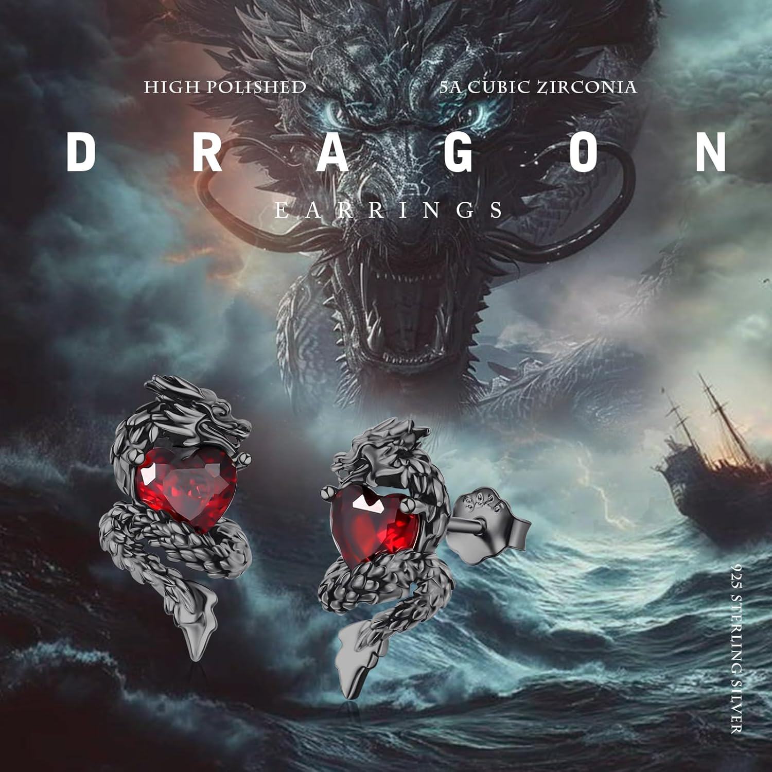 925 Sterling Silver Heart and Dragon Stud Earrings Gothic Style Red Gemstone Jewelry for Women Gifts 2 Pcs Set-0-5