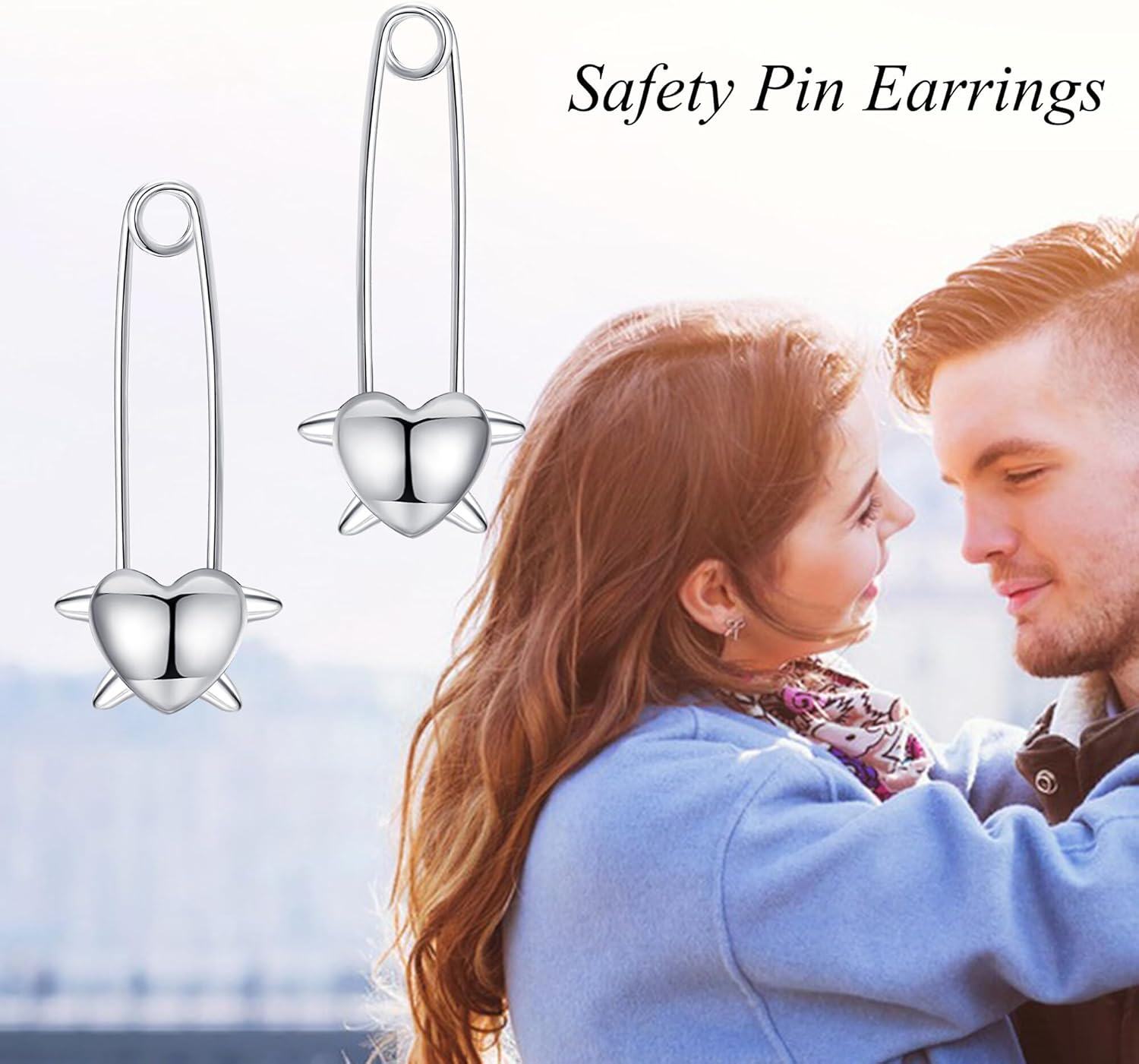 925 Sterling Silver Heart Safety Pin Stud Earrings-0-3