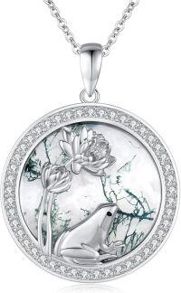 wholesale 925 Sterling Silver Green Moss Agate Lotus Flower Frog Dragonfly Pendant Necklace for Women-Frog