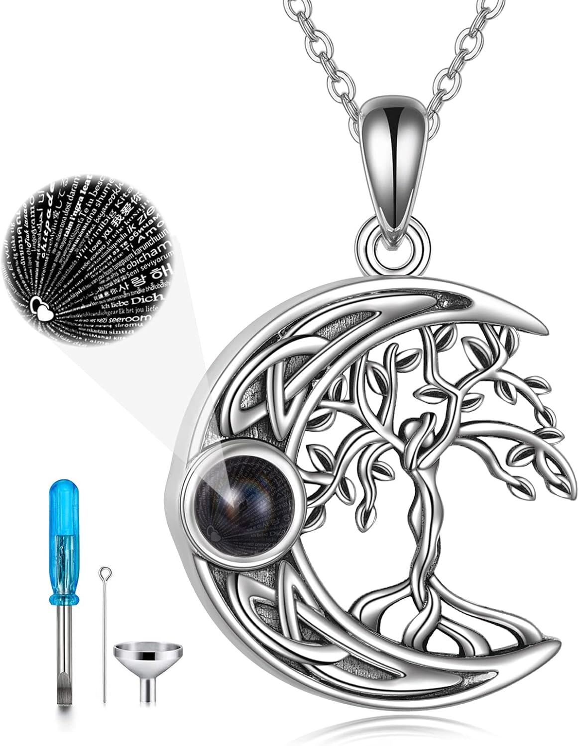 Sterling Silver Moonstone Tree of Life Necklace I Love You in 100 Languages Cremation Jewelry for Women Girls-0-1