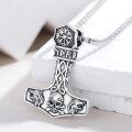 wholesale 925 Sterling Silver Viking Thor's Hammer Mjolnir Pendant Necklace with Wolf Heads and Skull Design for Men & Women-0-3
