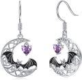 wholesale 925 Sterling Silver Bat Moon Purple Crystal Heart Dangle Earrings Halloween Gothic  for Women Girls-0-0