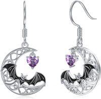 wholesale 925 Sterling Silver Bat Moon Purple Crystal Heart Dangle Earrings Halloween Gothic  for Women Girls-Bat