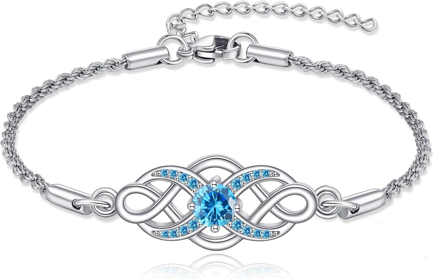 Sterling Silver Irish Birthstone Celtic Knot Infinity Bracelet-03-Mar-Aquamarine