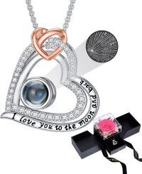wholesale 18K White Gold Plated Silver & Moissanite 100 Languages I Love You Projection Triple Heart Necklace with Engraved Message-I-Preserved Dark Pink Real Rose