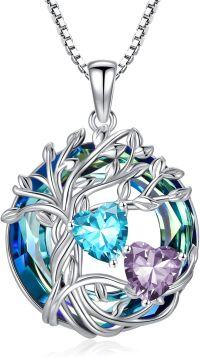 wholesale 18K White Gold Filled Sterling Silver Family Tree Pendant with 2 Heart Birthstones Blue Austrian Crystal Necklace for Women-03-06-Mar-Jun Birthstone