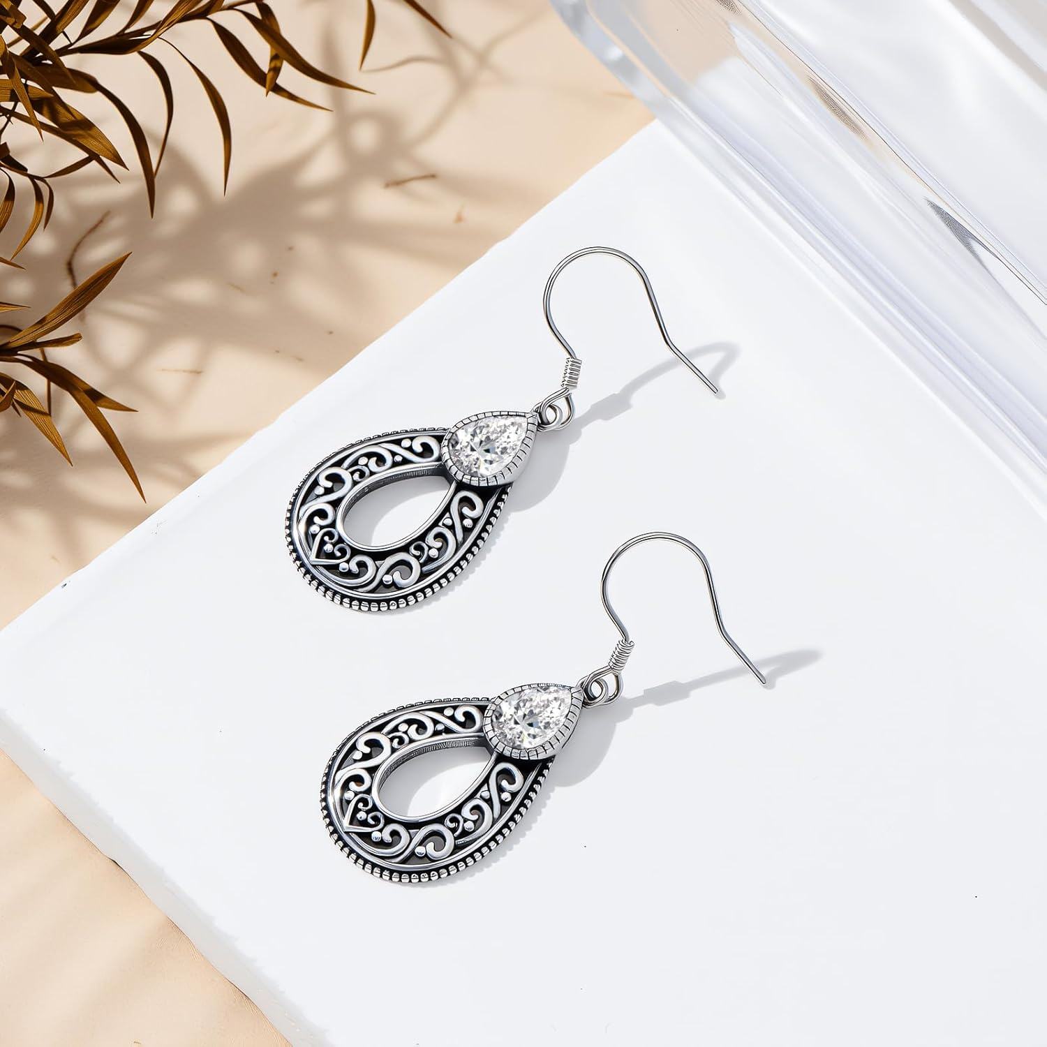 wholesale 925 Sterling Silver & 5A CZ Vintage Filigree Teardrop Birthstone Earrings – 7.5mm Pear Cut Gemstone Gift for Women-0-2