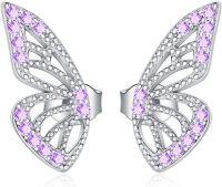 wholesale Gold 925 Sterling Silver CZ Butterfly Stud Earrings with Half Wing Design-E_Purple