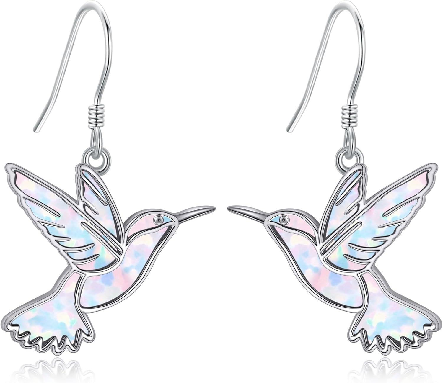 wholesale Sterling Silver Hummingbird Dangle Earrings Bird Jewelry Gifts-White Opal