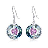 wholesale 925 Sterling Silver Purple Heart & Blue Swarovski Crystals Round Drop Earrings for Women-10-October-Pink Tourmaline