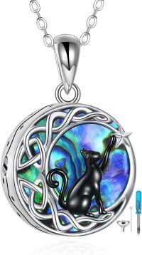 wholesale 925 Sterling Silver Abalone Shell Black Cat Moon Pendant Necklace for Women-Abalone Black Cat Urn Necklace