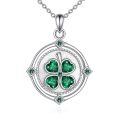 wholesale 925 Sterling Silver Four Leaf Clover Platinum Plated Green Crystal Pendant Necklace-0-0