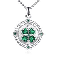 wholesale 925 Sterling Silver Four Leaf Clover Platinum Plated Green Crystal Pendant Necklace-clover
