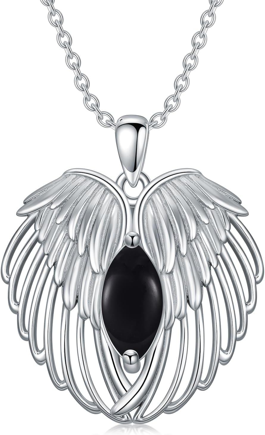  Sterling Silver Birthstone Angel Wings Necklace for Women -Black Onyx