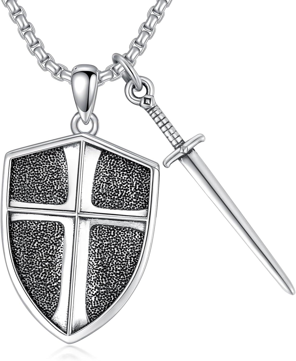 Stainless Steel Sterling Silver Knights Templar Cross Joshua 1 9 Shield Pendant Necklace-Sword & Shield B