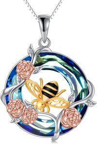 wholesale 925 Sterling Silver Blue Crystal Rose and Honeybee Pendant Necklace-Bee