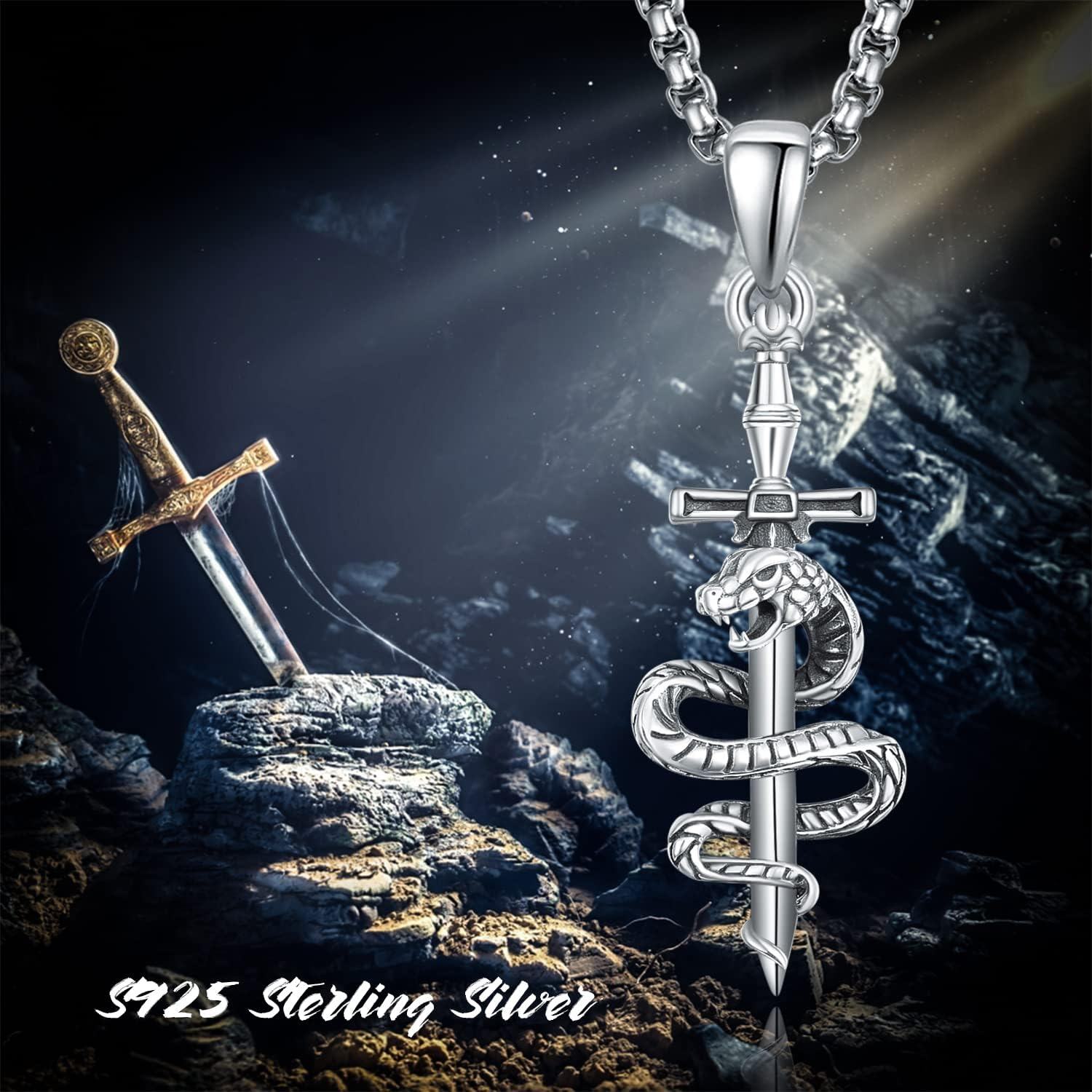 wholesale 925 Sterling Silver Snake Sword Cross Pendant Necklace with Stainless Steel Chain for Men & Women Gothic Religious Jewelry Baptism Gift-0-5