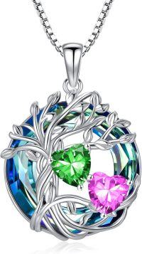 wholesale 18K White Gold Filled Sterling Silver Family Tree Pendant with 2 Heart Birthstones Blue Austrian Crystal Necklace for Women-05-10-May-Oct Birthstone