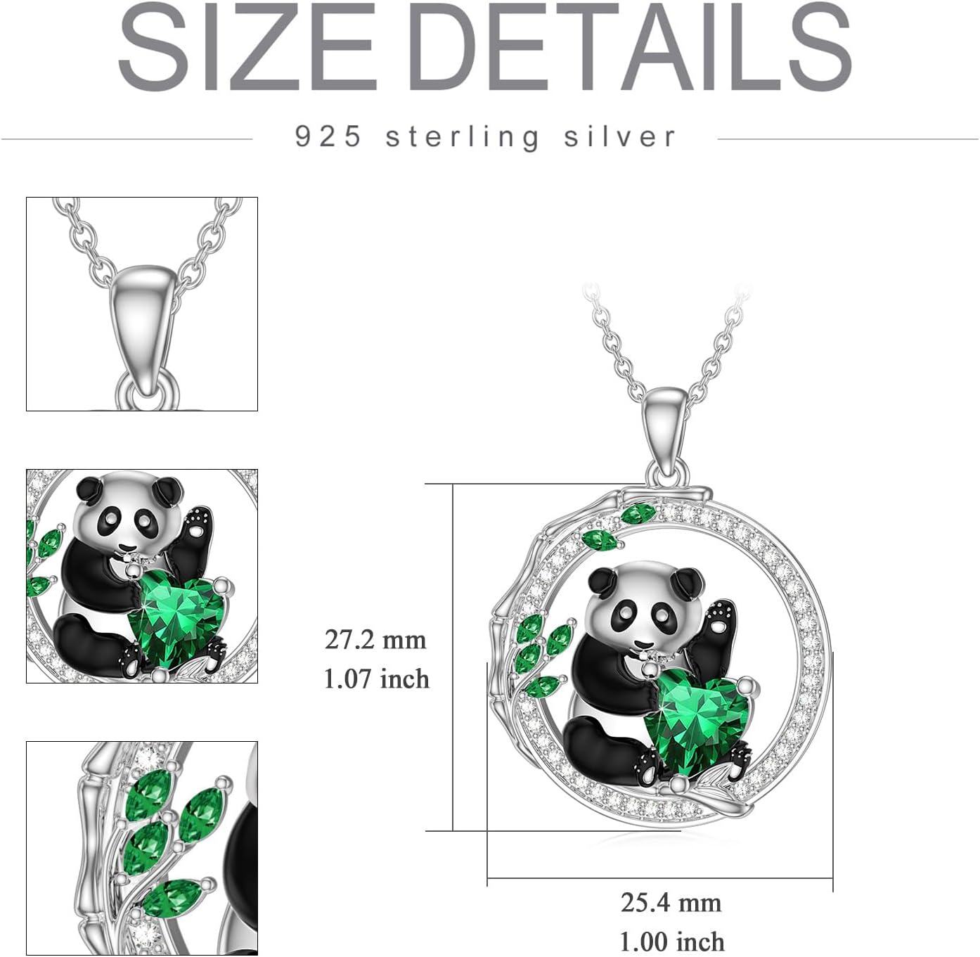 925 Sterling Silver Green Crystal Panda Love Heart Pendant Necklace for Women-0-3