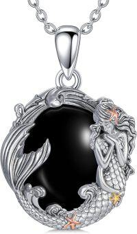 wholesale Sterling Silver Mermaid Necklace with Gemstone Ocean Jewelry Gift-Obsidian