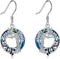 wholesale Sterling Silver Blue Crystal Tree of Life Animal Earrings (Cardinal Owl Fox Snake Sloth Giraffe) Dangle Jewelry Gift for Women-Panda