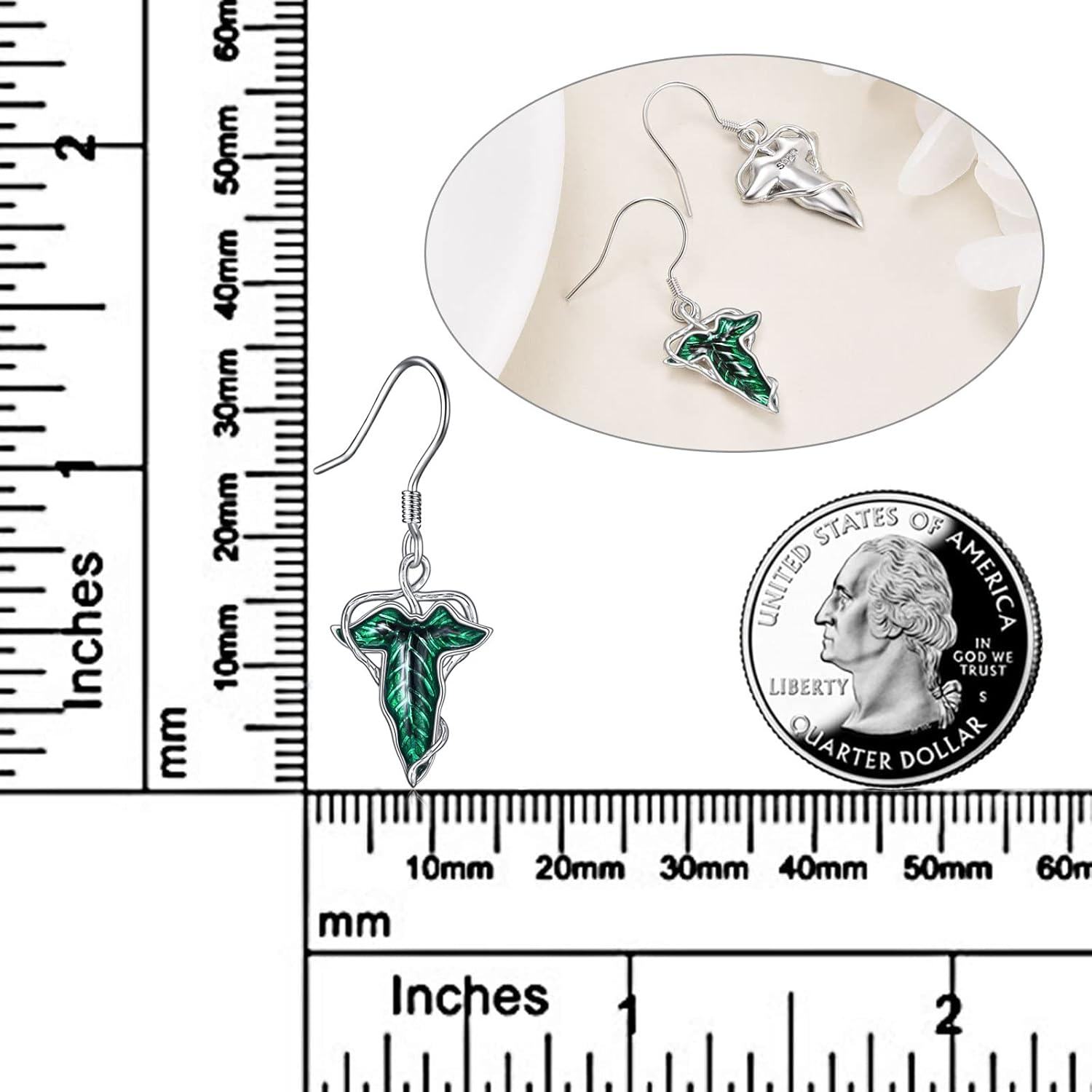 925 Sterling Silver Green Leaf Drop Dangle Earrings with French Hook for Women Girls Gifts-0-2