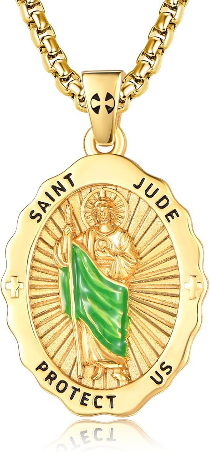 Stainless Steel Gold Plated Saint Jude Pendant Necklace for Women with Green Enamel and Crosses-0-0