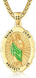 wholesale 925 Sterling Silver Plated  Gold  Saint Jude Pendant Necklace  for Women with Green Enamel and Crosses-0-0